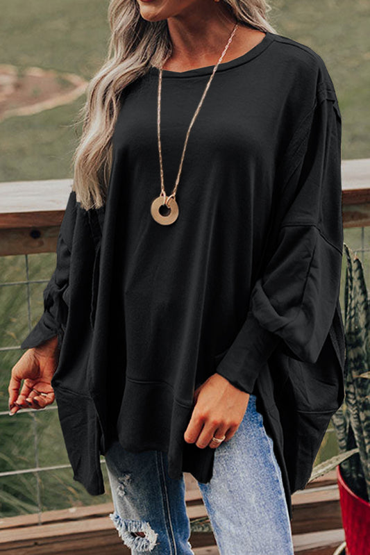 Black Patchwork Drop Shoulder Oversized Top