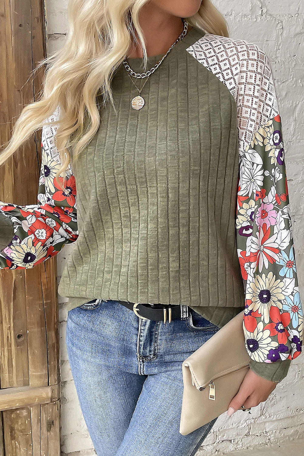 Laurel Green Floral Patchwork Long Sleeve Ribbed Blouse