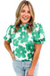 Green Floral Puff Sleeve Frill Neckline Blouse