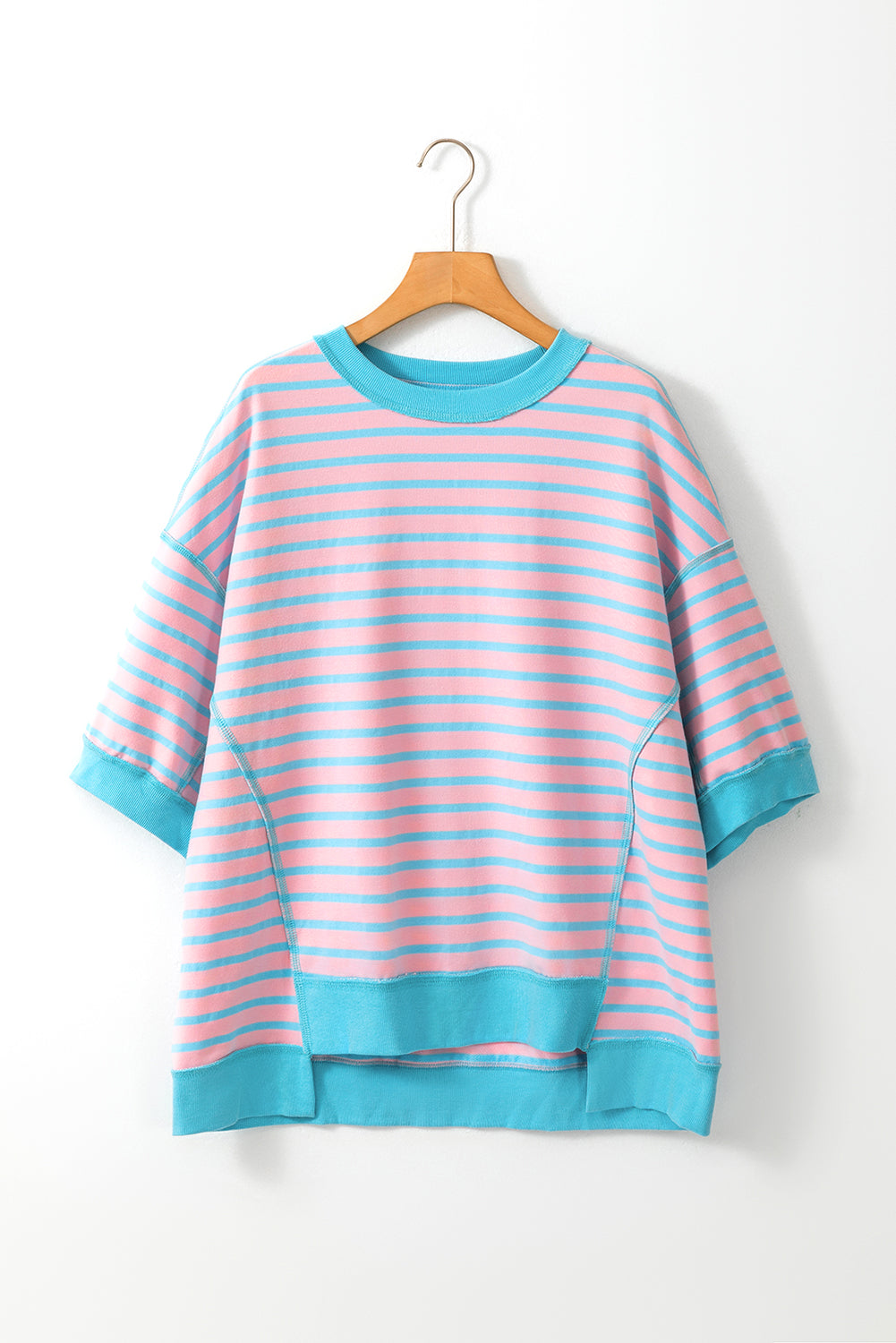 Pink Stripe Oversized Contrast Trim Exposed Seam High Low T Shirt