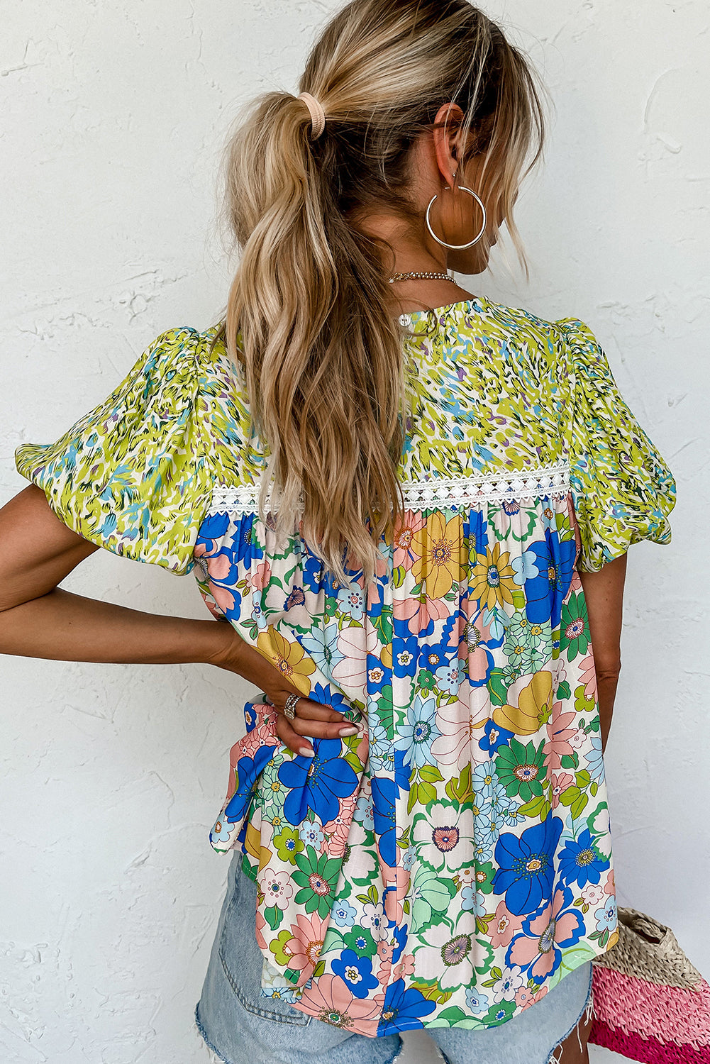 Green Bubble Sleeve Lace Trim Floral Mixed Print Blouse