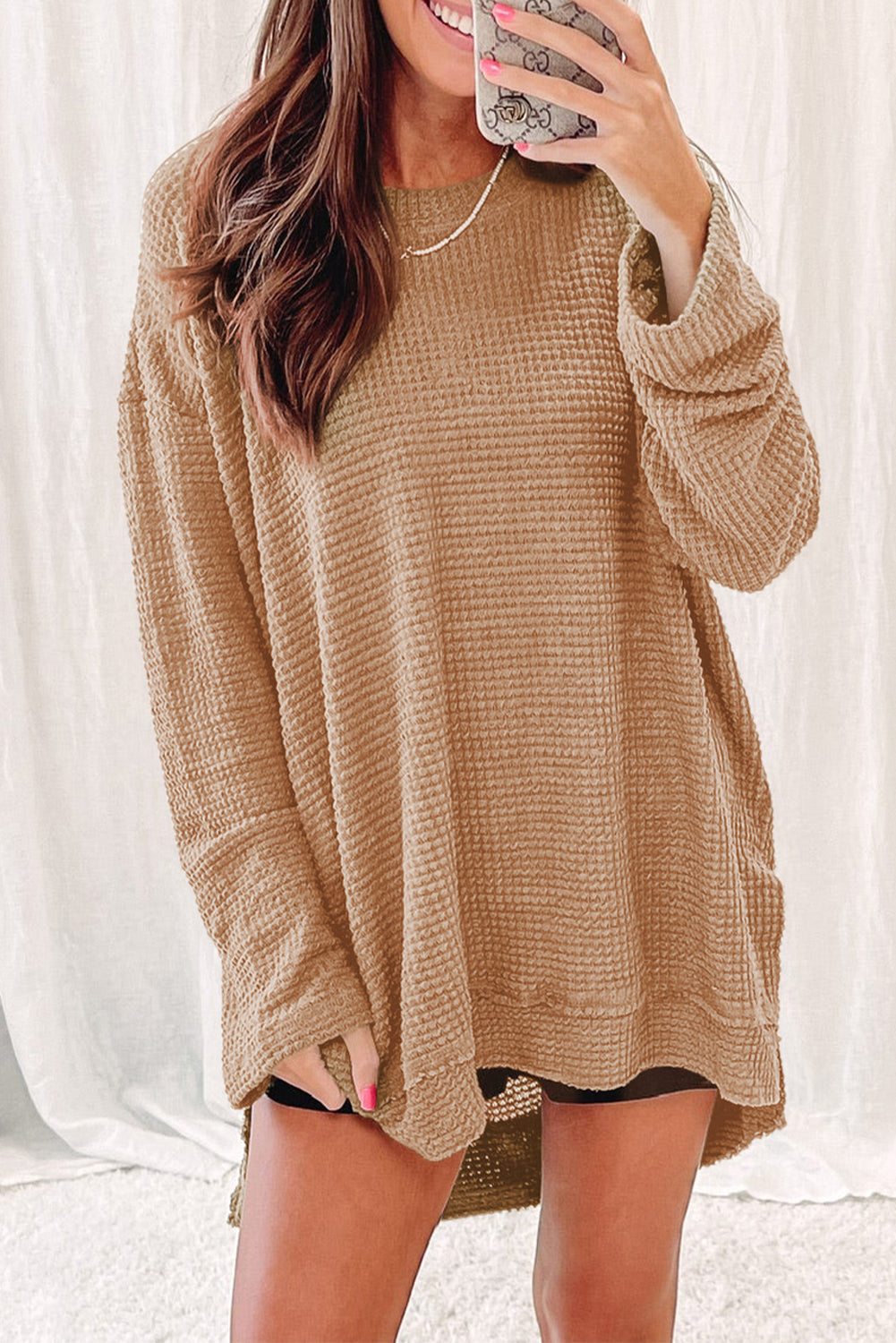 Khaki Waffle Knit High Slits Oversized Top