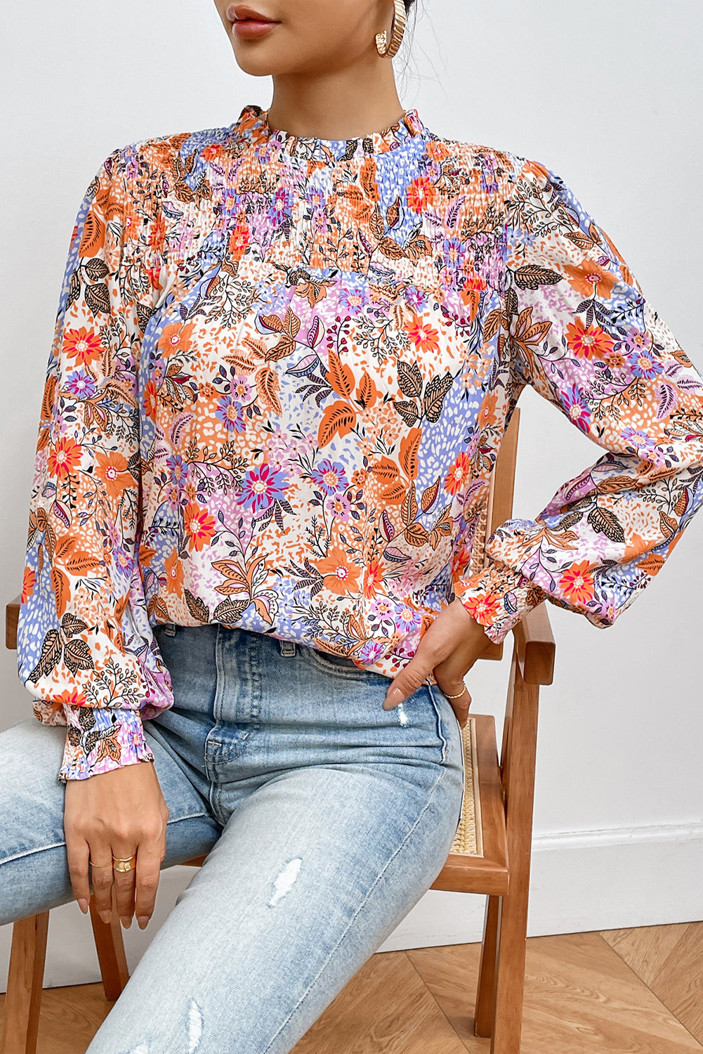 Multicolour Floral Bishop Sleeve Frilled Round Neck Blouse