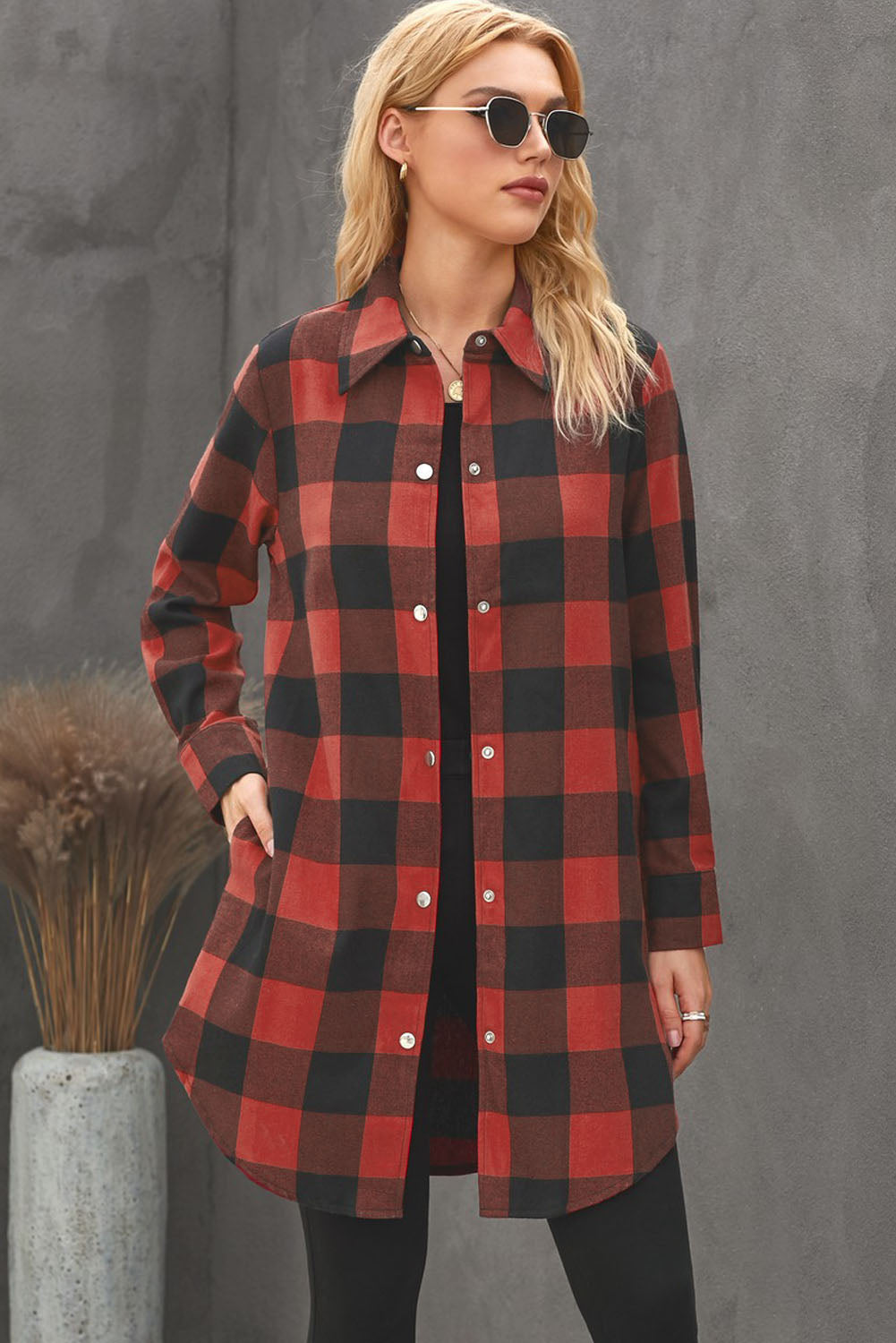 Fiery Red Turn-down Collar Plaid Shirt Coat