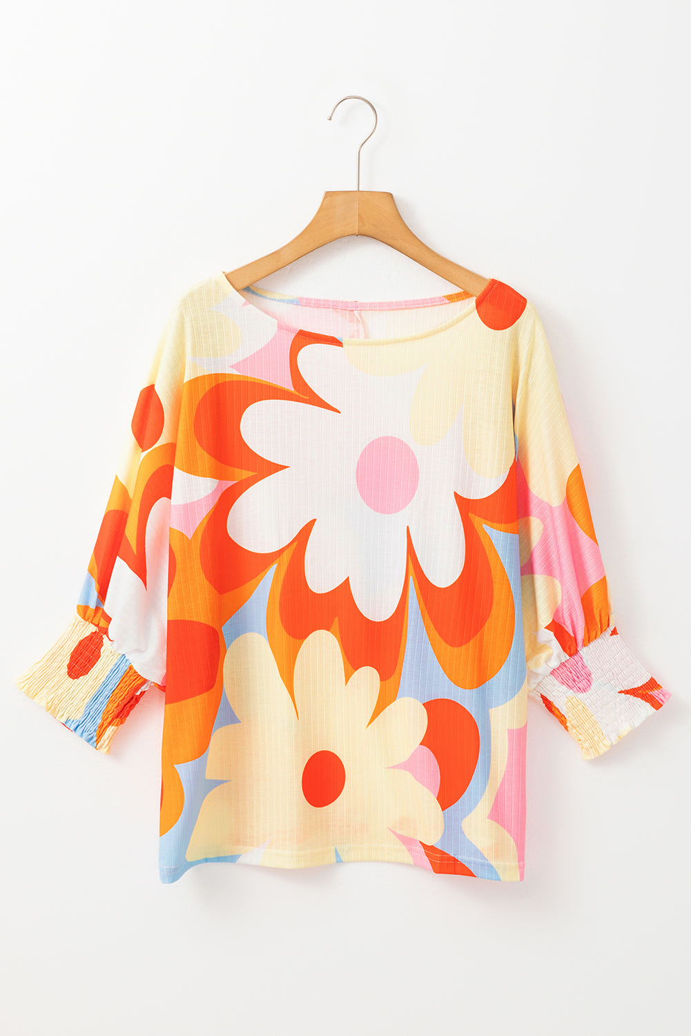 Yellow Ribbed Floral Printed Shirred 3/4 Sleeve Blouse