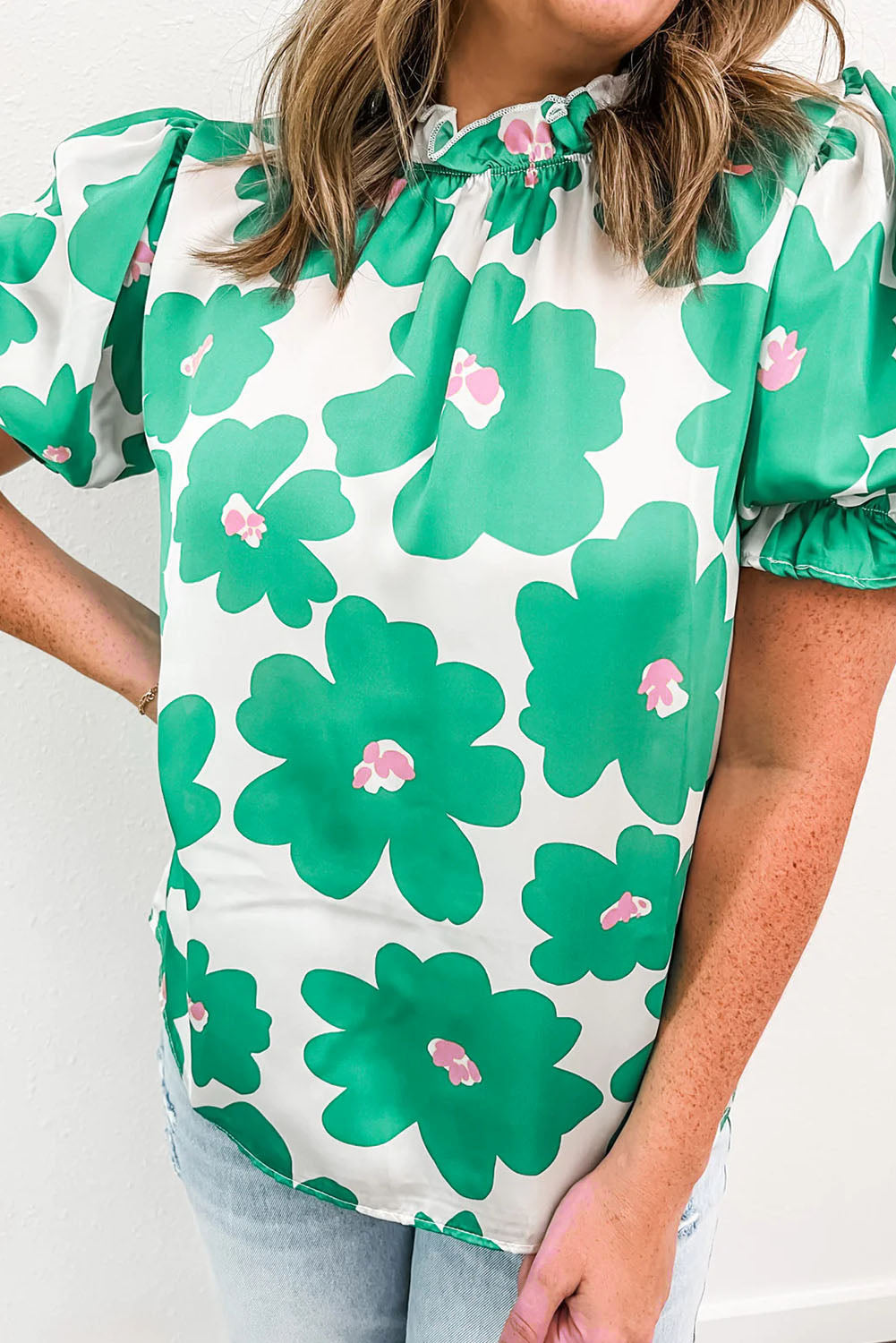 Green Floral Puff Sleeve Frill Neckline Blouse