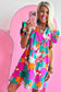 Multicolour Floral Tie Split Neck Flutter Sleeve Mini Dress