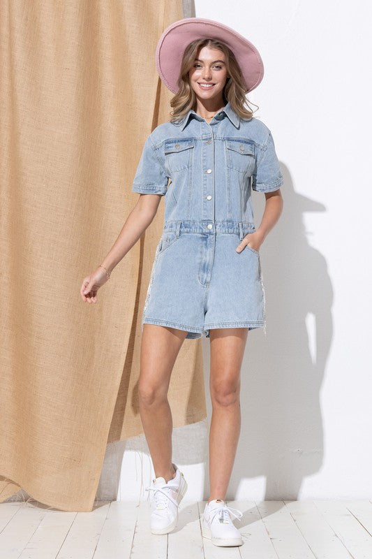 Washed Denim Overall Romper