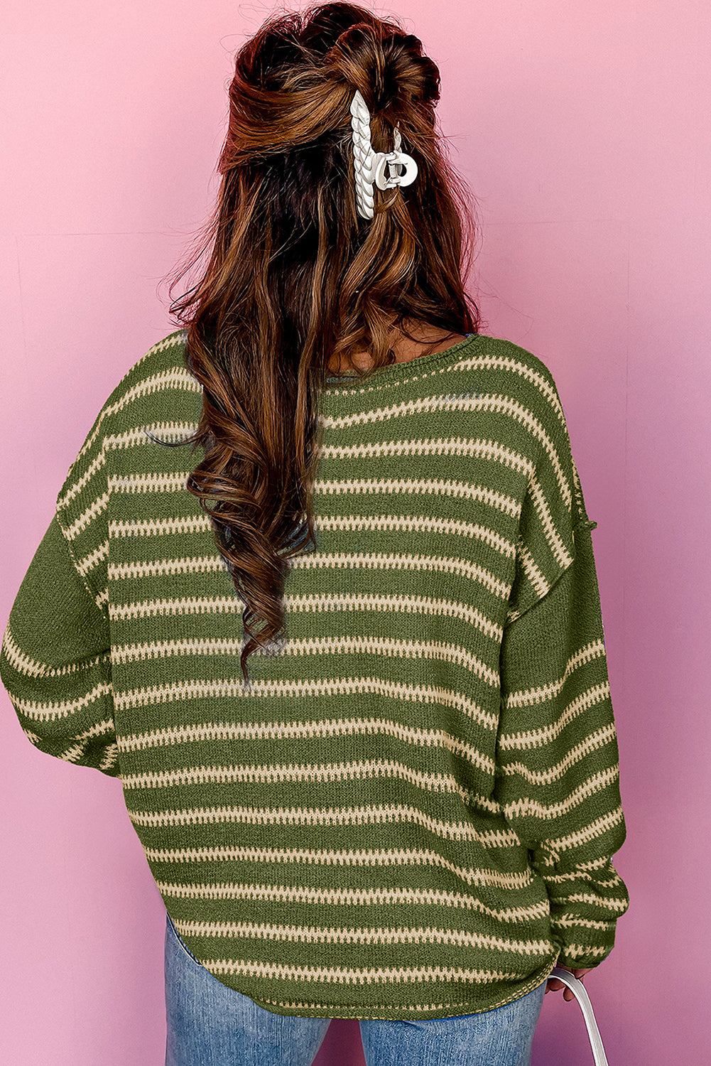 Green Stripe Drop Shoulder Casual Sweater