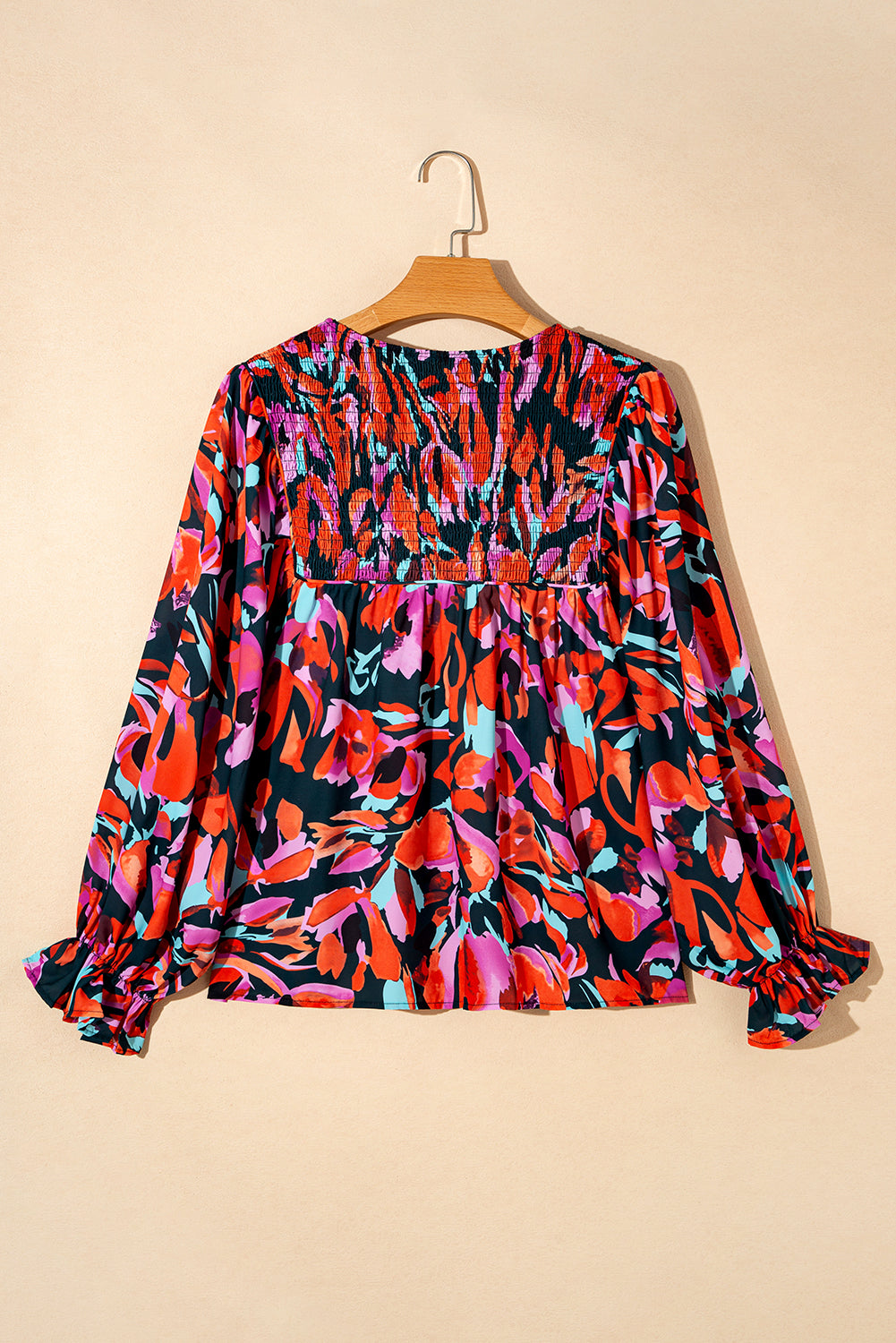 Red Dahlia Abstract Floral Shirred Detail Puff Sleeve Blouse