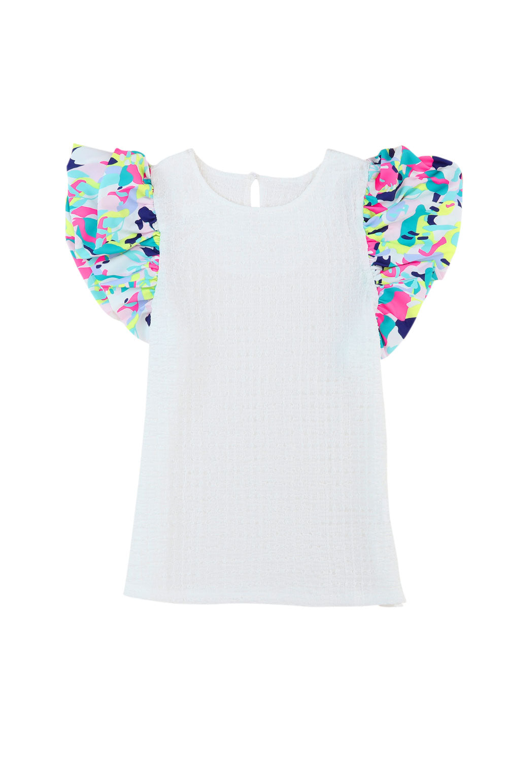 White Voluminous Printed Puff Sleeve Textured Top