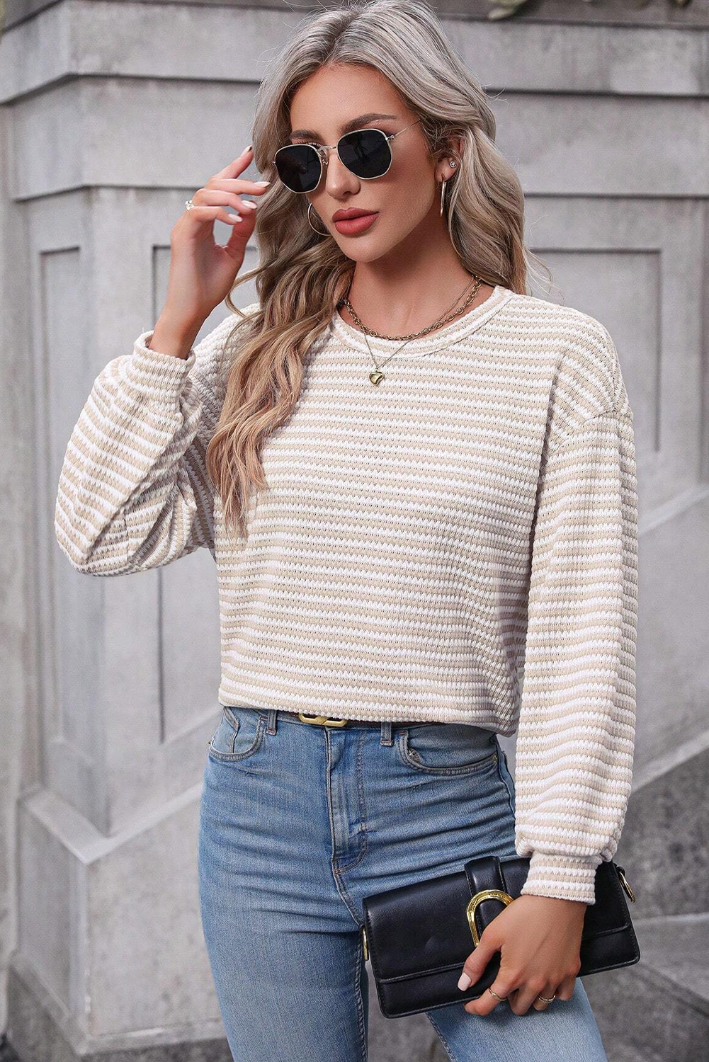 Khaki Stripe Round Neck Drop Shoulder Long Sleeve Top