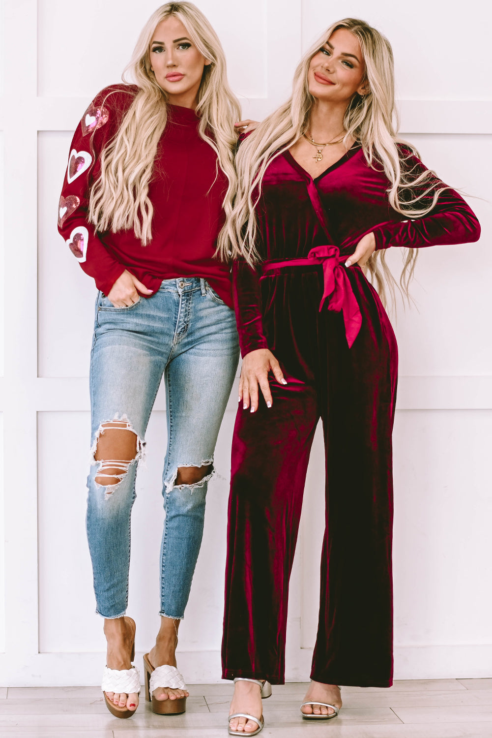 Fiery Red Velvet Pocketed Cut out Back Wide Leg Jumpsuit