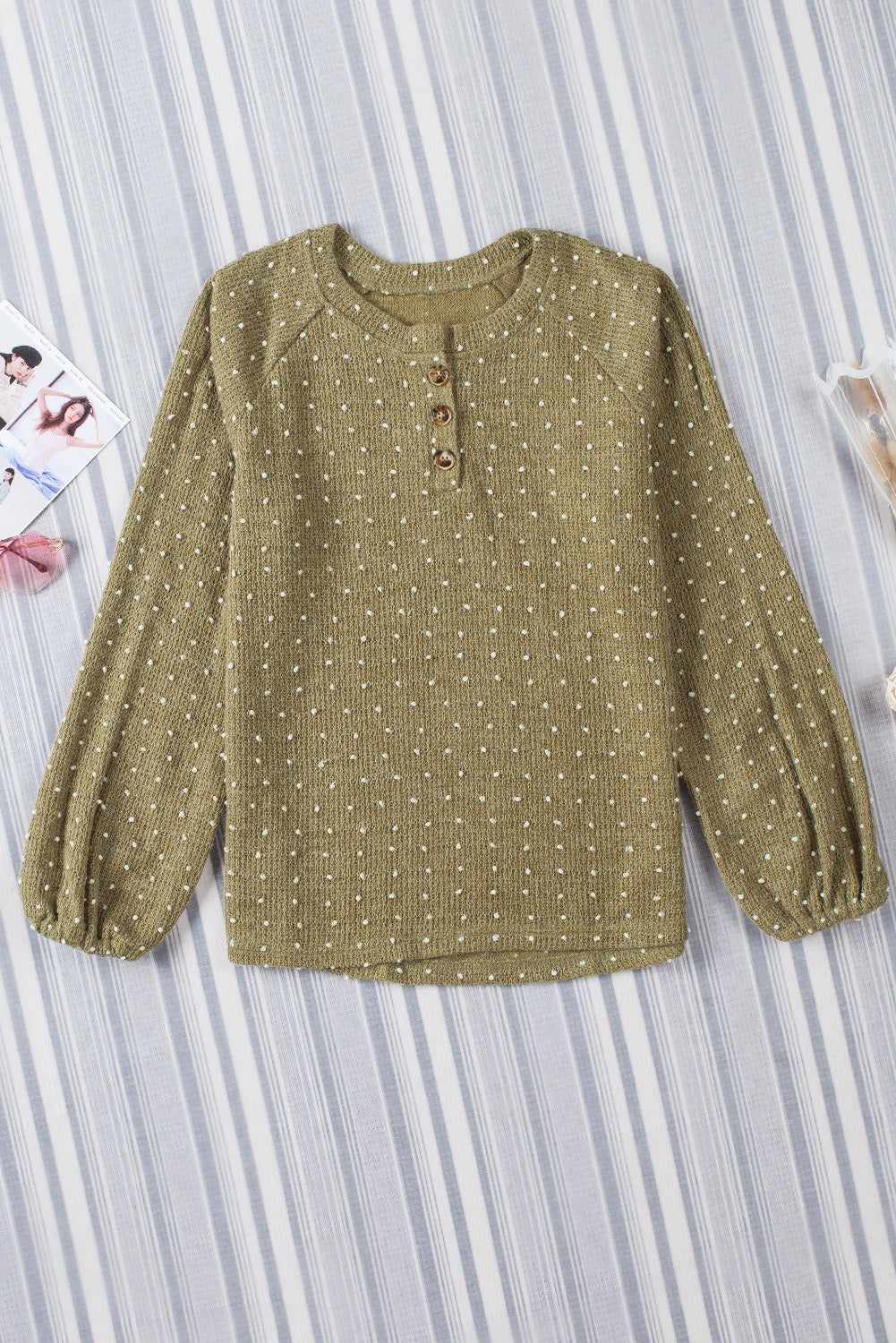 Green Swiss Dot Raglan Sleeves Knit Top