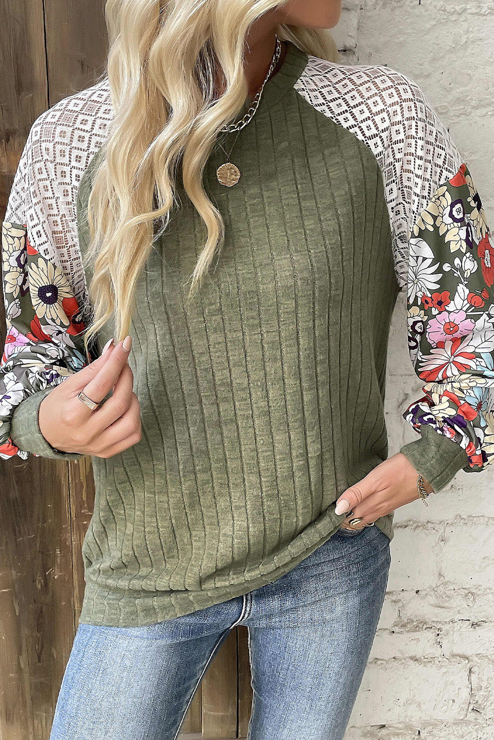 Laurel Green Floral Patchwork Long Sleeve Ribbed Blouse