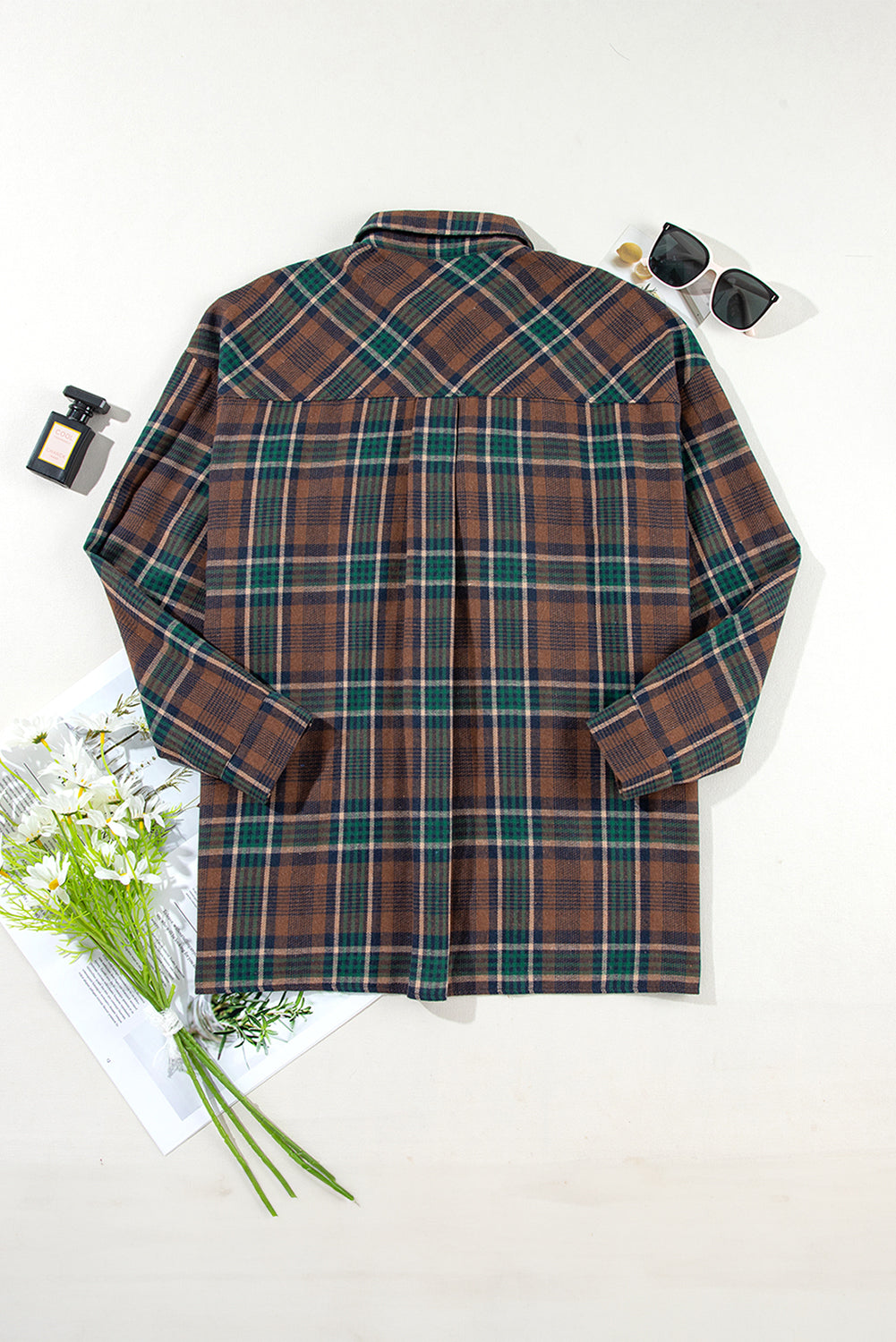 Brown Plaid Print Chest Pockets Buttoned Shirt Jacket