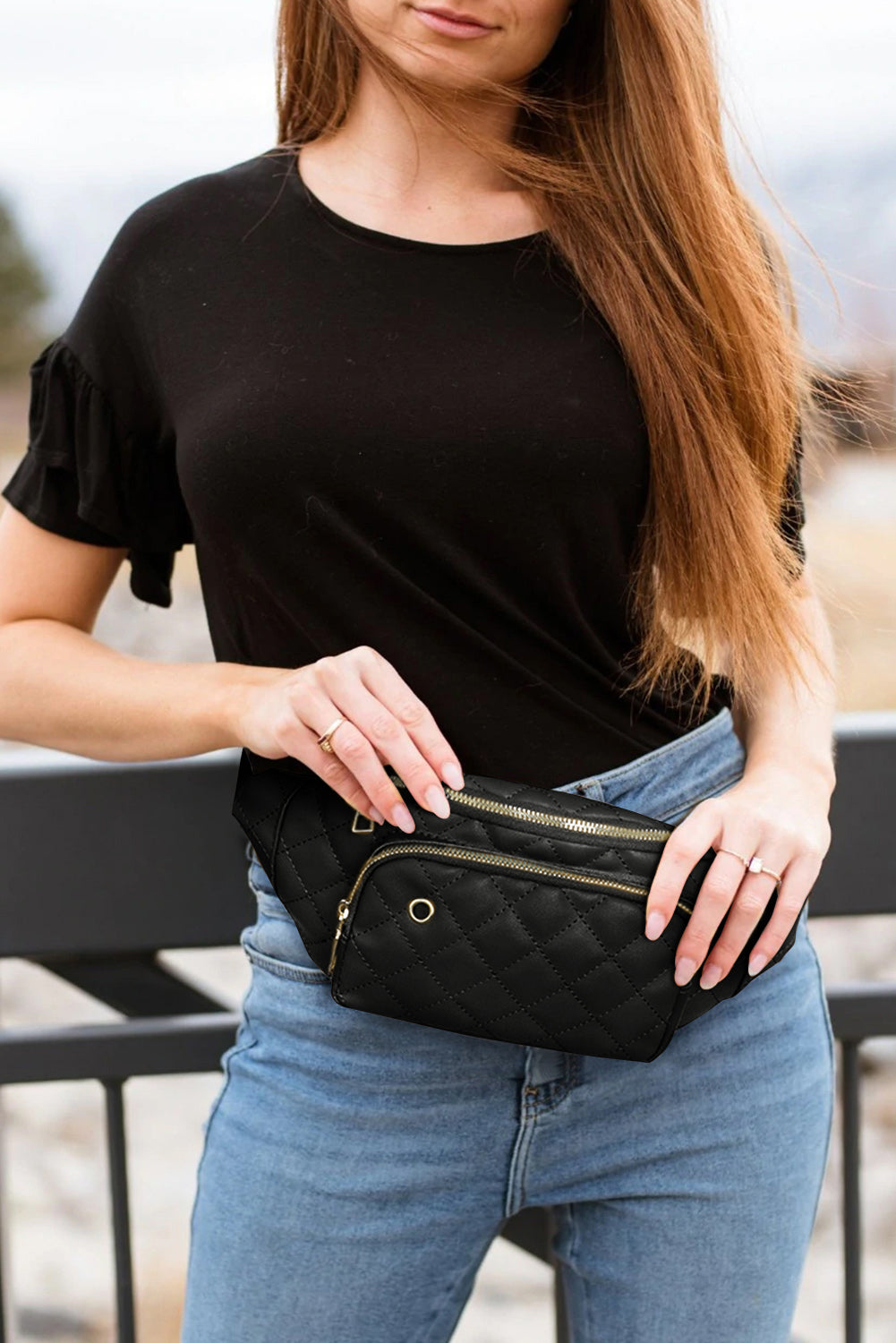 Black Rhombus Pattern Simple Waist Bag