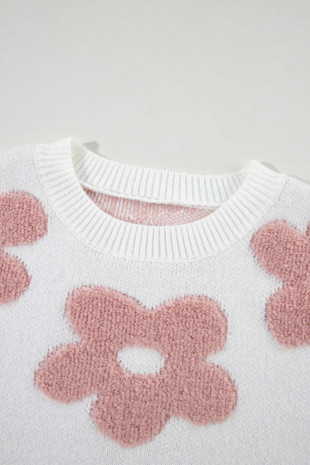 White Textured Flower Drop Shoulder Loose Sweater