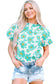 Green Floral Puff Sleeve Frilled Neckline Blouse