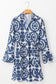 Blue Floral Print V Neck Wrapped Knot Long Sleeve Dress