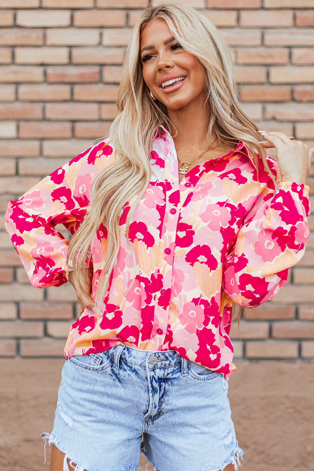 Pink Blooming Floral Print Puff Sleeve Buttoned Shirt