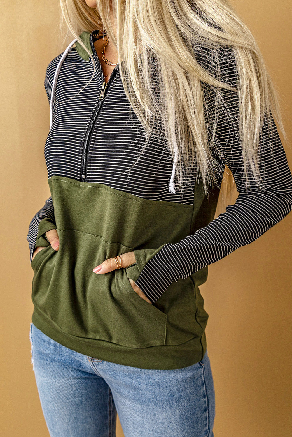 Green Half Zip Stripes Patchwork Hoodie