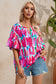 Rose Abstract Brushwork Print Buttoned V Neck Blouse