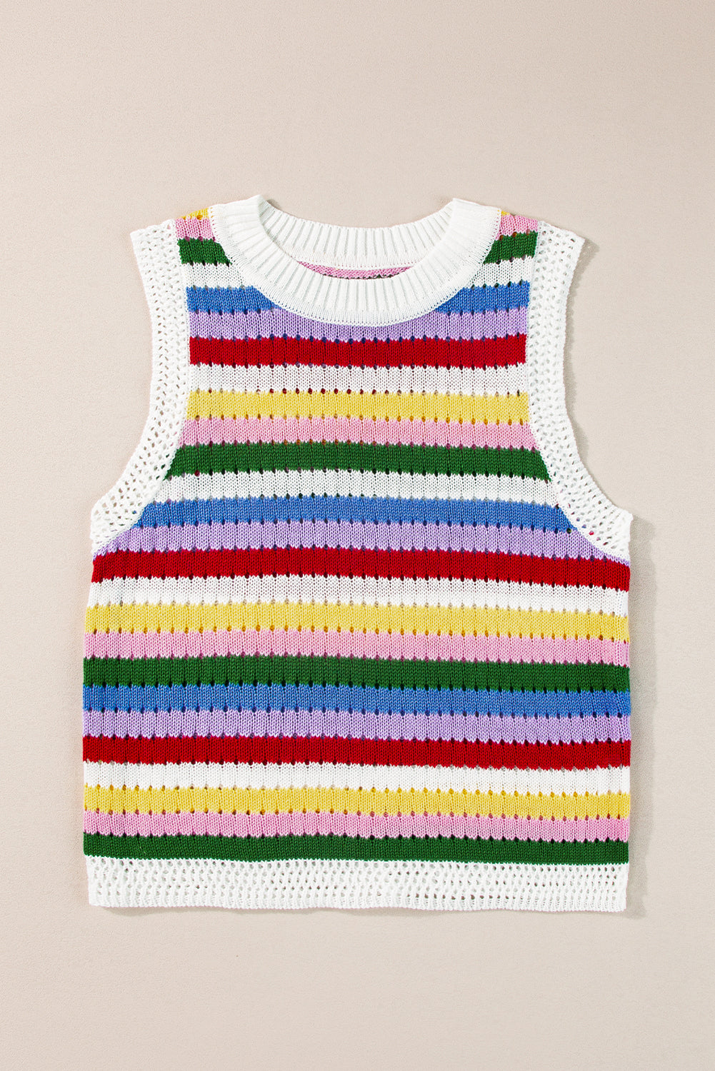 Multicolour Striped Knitted Eyelet Slim Sweater Vest