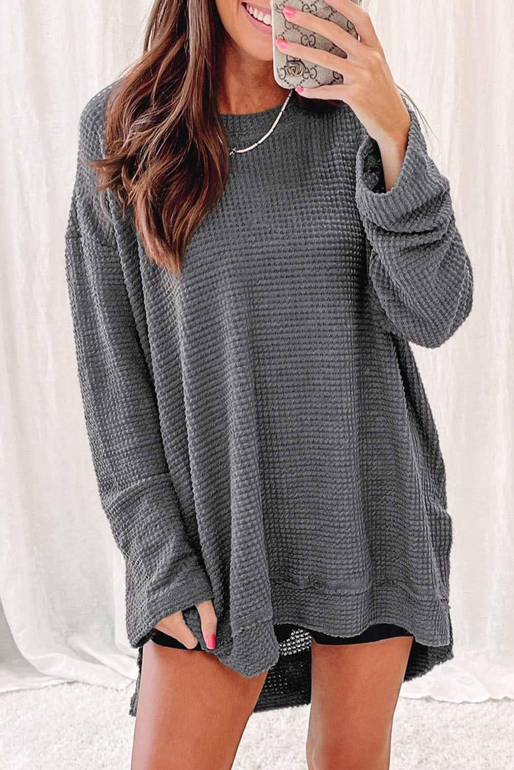 Gray Waffle Knit High Slits Oversized Top