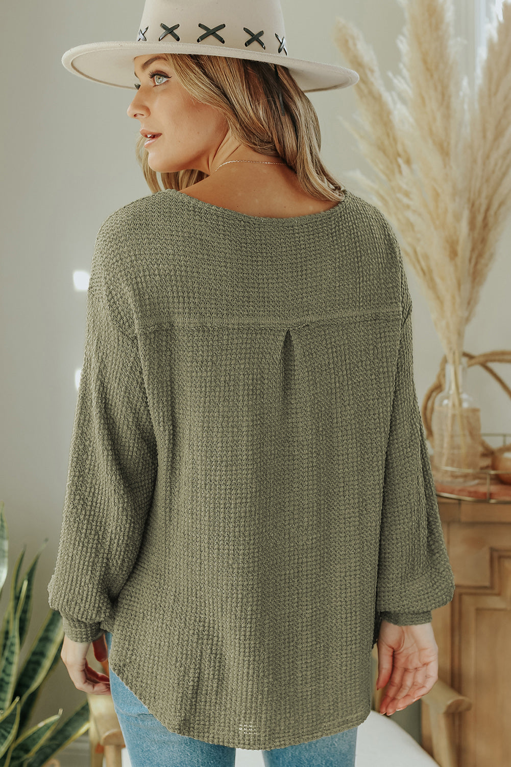 Green Waffle Knit Split Neck Pocketed Loose Top