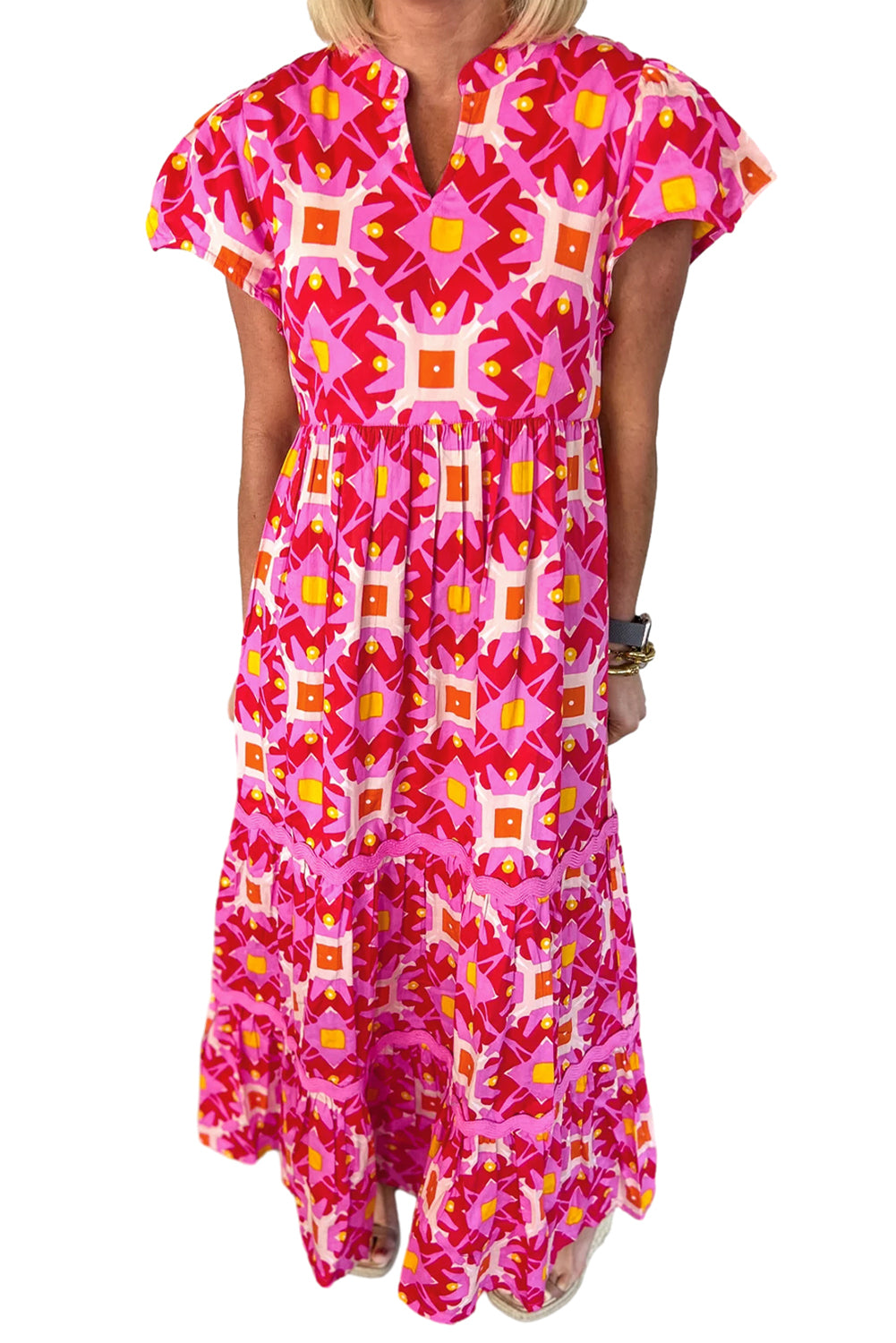 Strawberry Pink Geo Print V-neck Maxi Dress