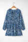 Blue Vintage Print Lace up V Neck Long Sleeve Mini Dress