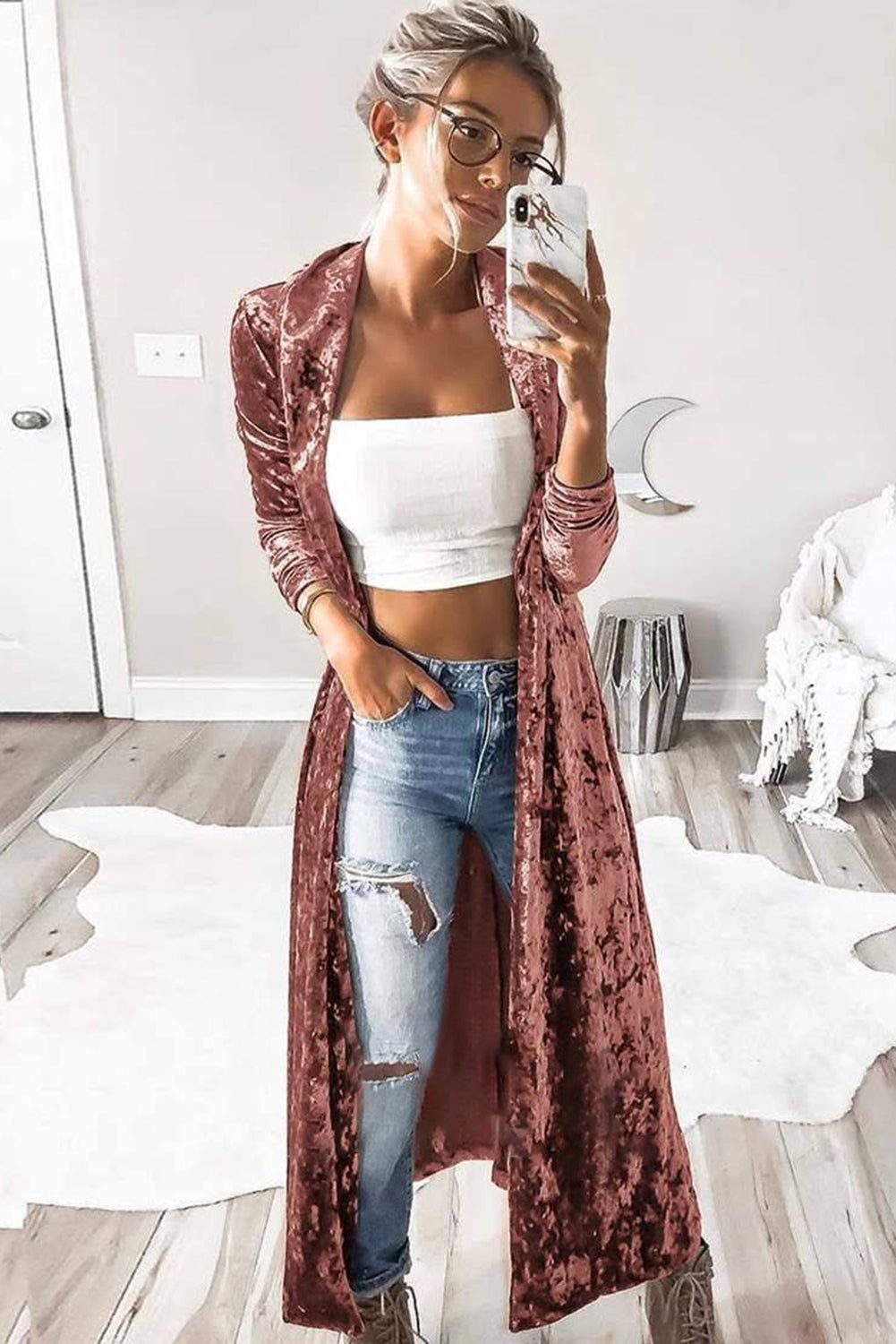 Pink Lapel Open Front Duster Velvet Cardigan