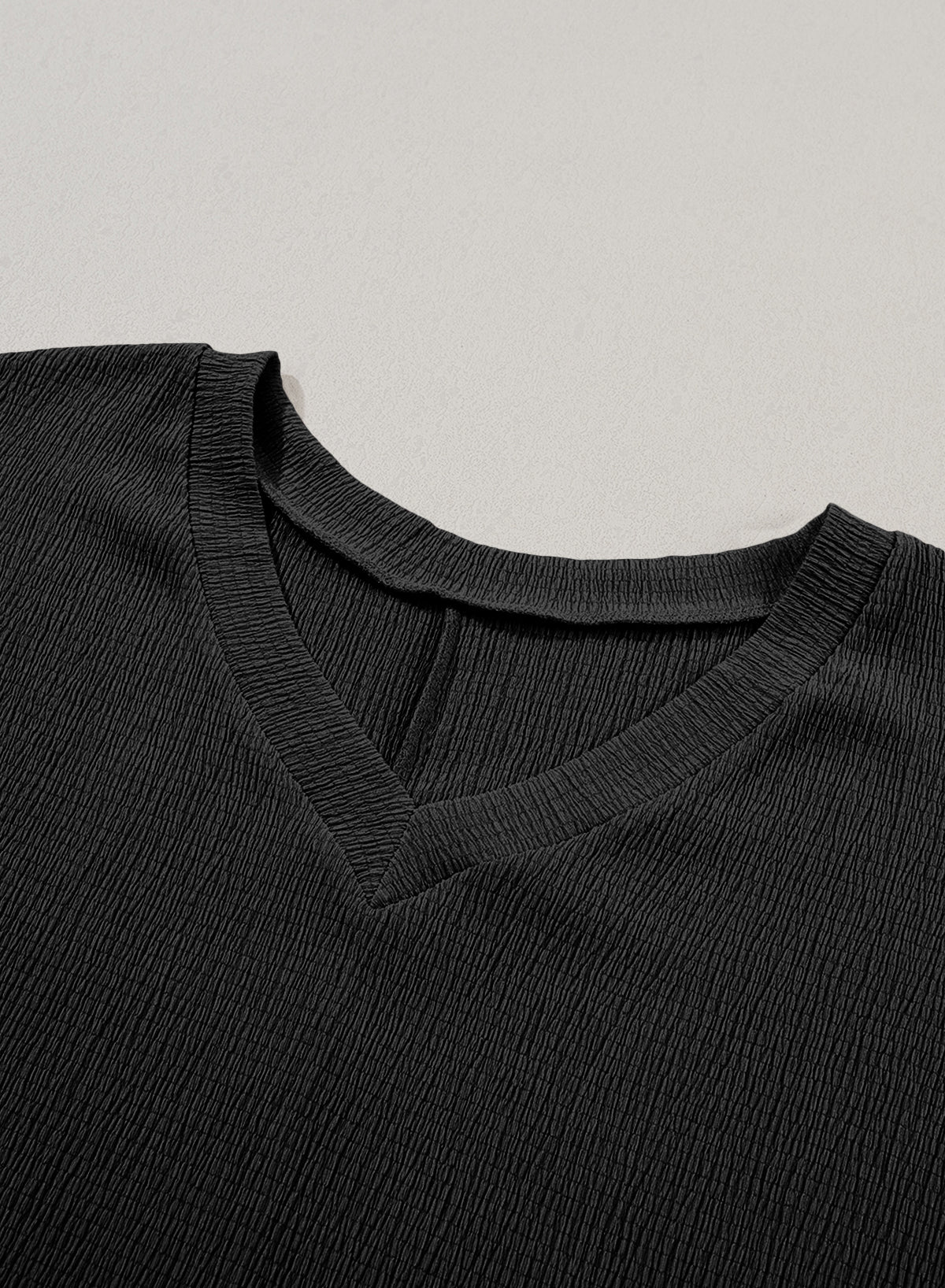 Black Crinkled V Neck Wide Sleeve T-shirt