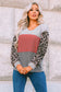 Fiery Red Wild Leopard Contrast Sleeve Colorblock Waffle Knit Top