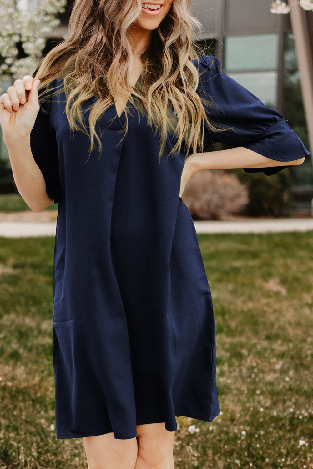 Blue Ruffled Sleeve Shift Dress