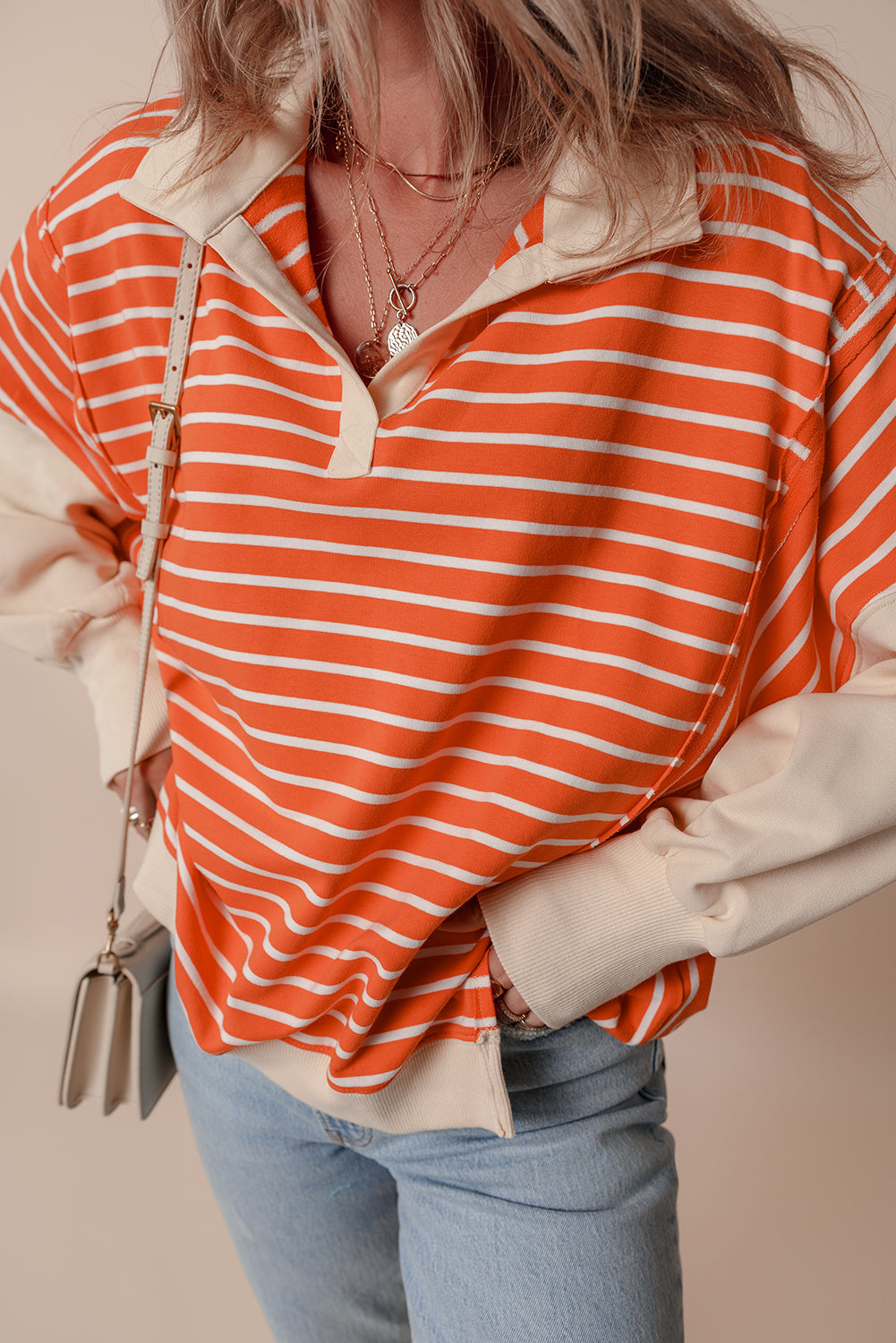 Orange Stripe Color Block Loose Fit Collared Drop Shoulder Sweatshirt