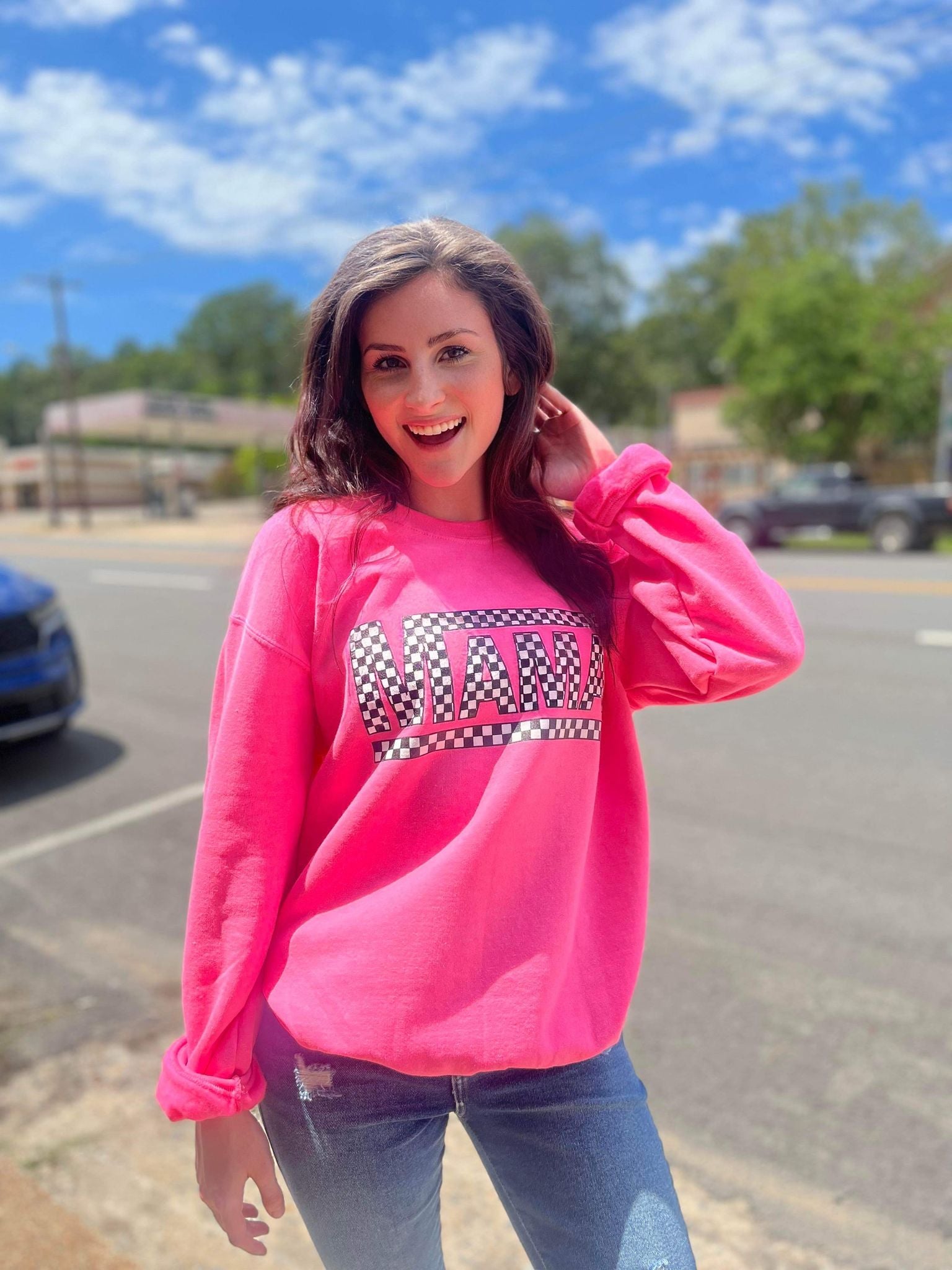 Checkered Mama Pink Sweatshirt- ASK Apparel LLC