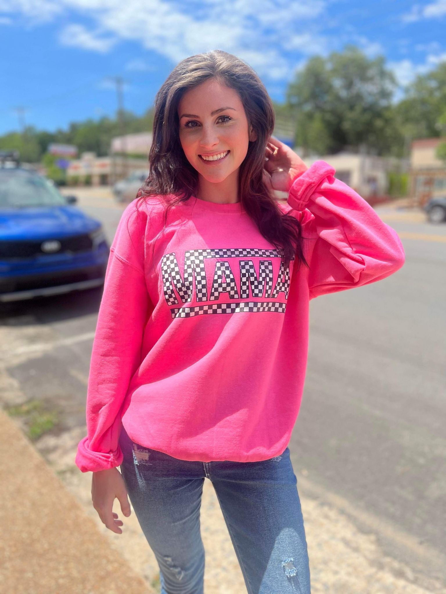 Checkered Mama Pink Sweatshirt- ASK Apparel LLC