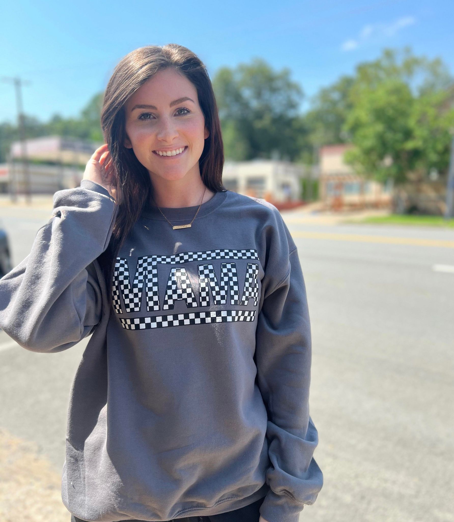 Checkered Mama Grey Sweatshirt- ASK Apparel LLC