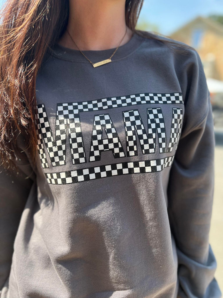 Checkered Mama Grey Sweatshirt- ASK Apparel LLC