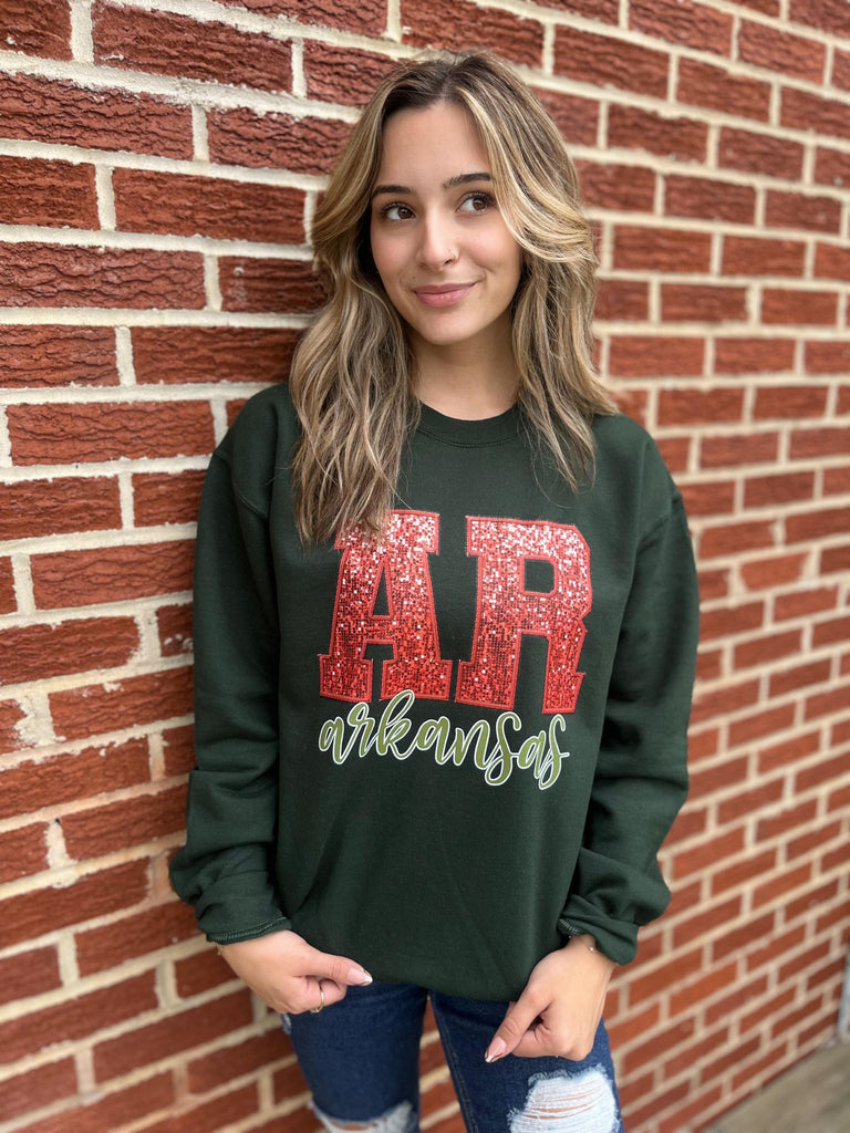 Custom Faux Embroidery Sequin State Sweatshirt- ASK Apparel LLC