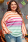 Pink Stripe Color Block Balloon Sleeve Crewneck Plus Size Sweater