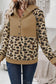 Light French Beige Leopard Print Patchwork Raglan Sleeve Half Buttons Hoodie