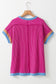 Bright Pink Textured Contrast Trim Round Neck T Shirt