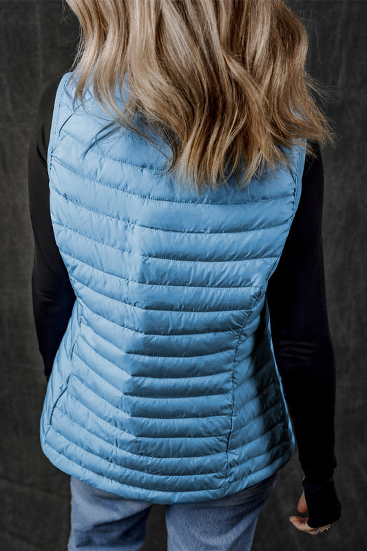 Sky Blue Plush Collared Quilted Zipped Puffer Vest