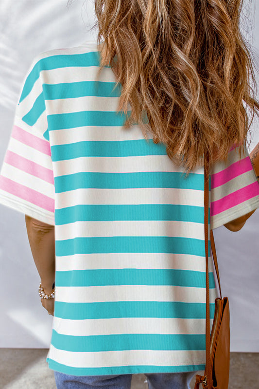 Blue Stripe Contrast Patch Pocket Drop Sleeve T Shirt