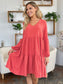 Double Take Full Size V-Neck Balloon Sleeve Tiered Dress with Pockets