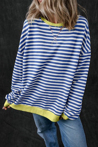 Blue Stripe Oversized Contrast Trim Pullover Sweatshirt