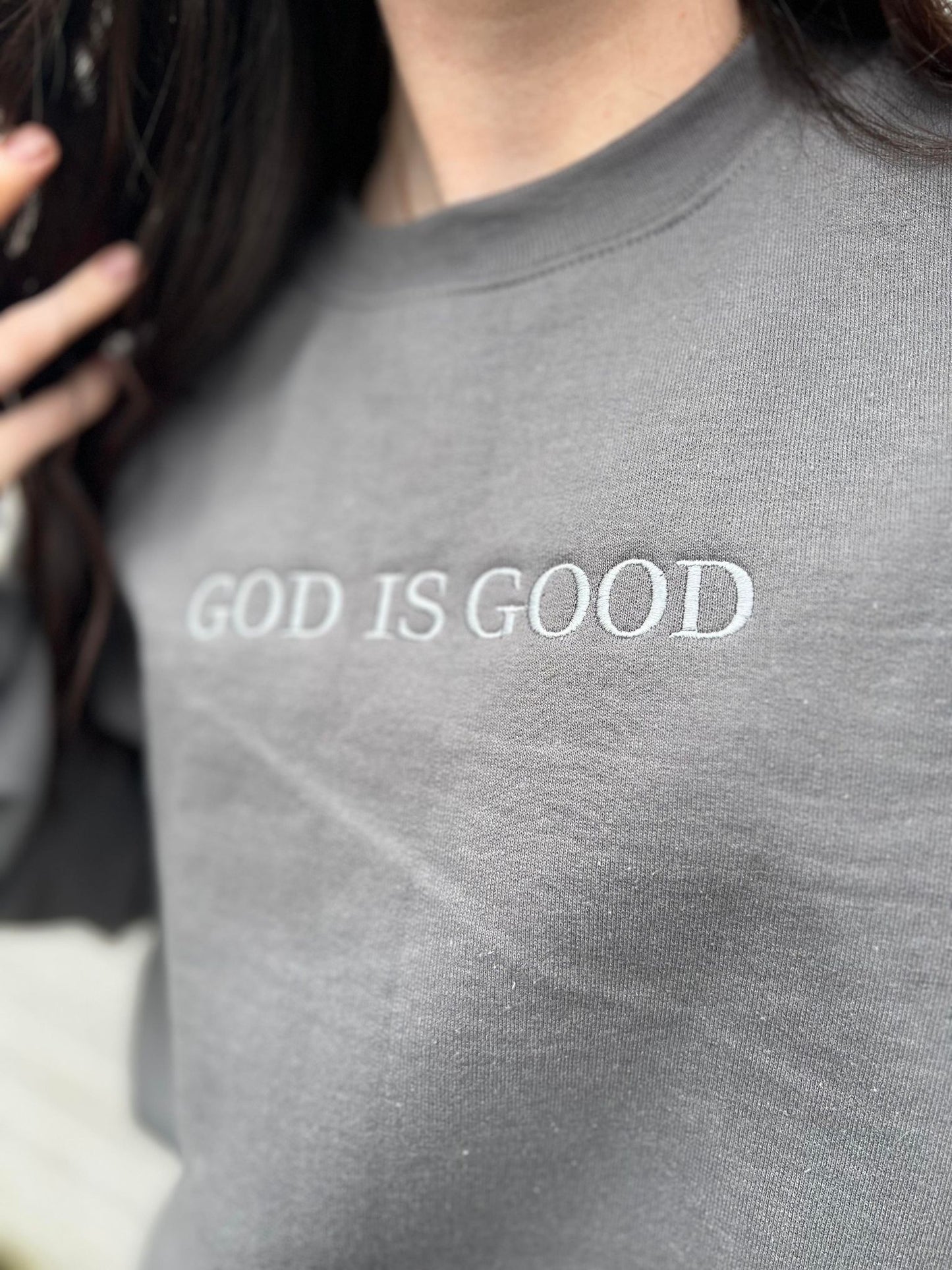 God Is Good Embroidered Sweatshirt- ASK Apparel LLC